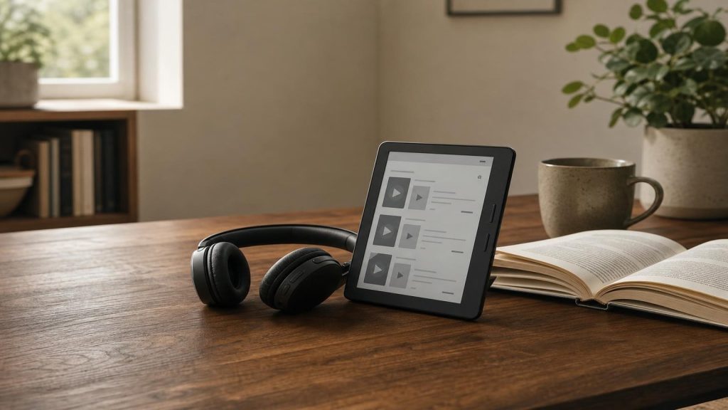 E-reader, headphones, and an open book representing Audible membership cancellation and digital book ownership.