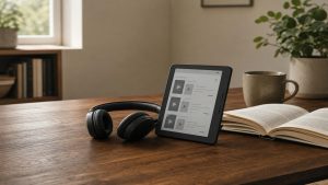 E-reader, headphones, and an open book representing Audible membership cancellation and digital book ownership.